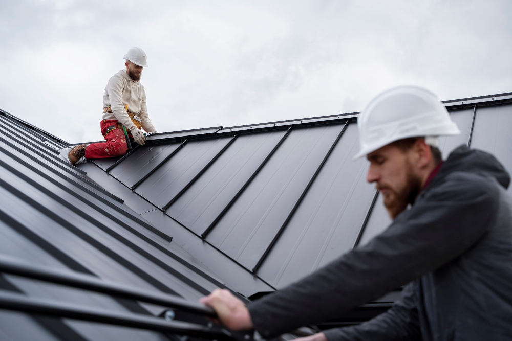 Professional contractors completing a residential roof replacement project. Professional contractors completing a residential roof replacement project.